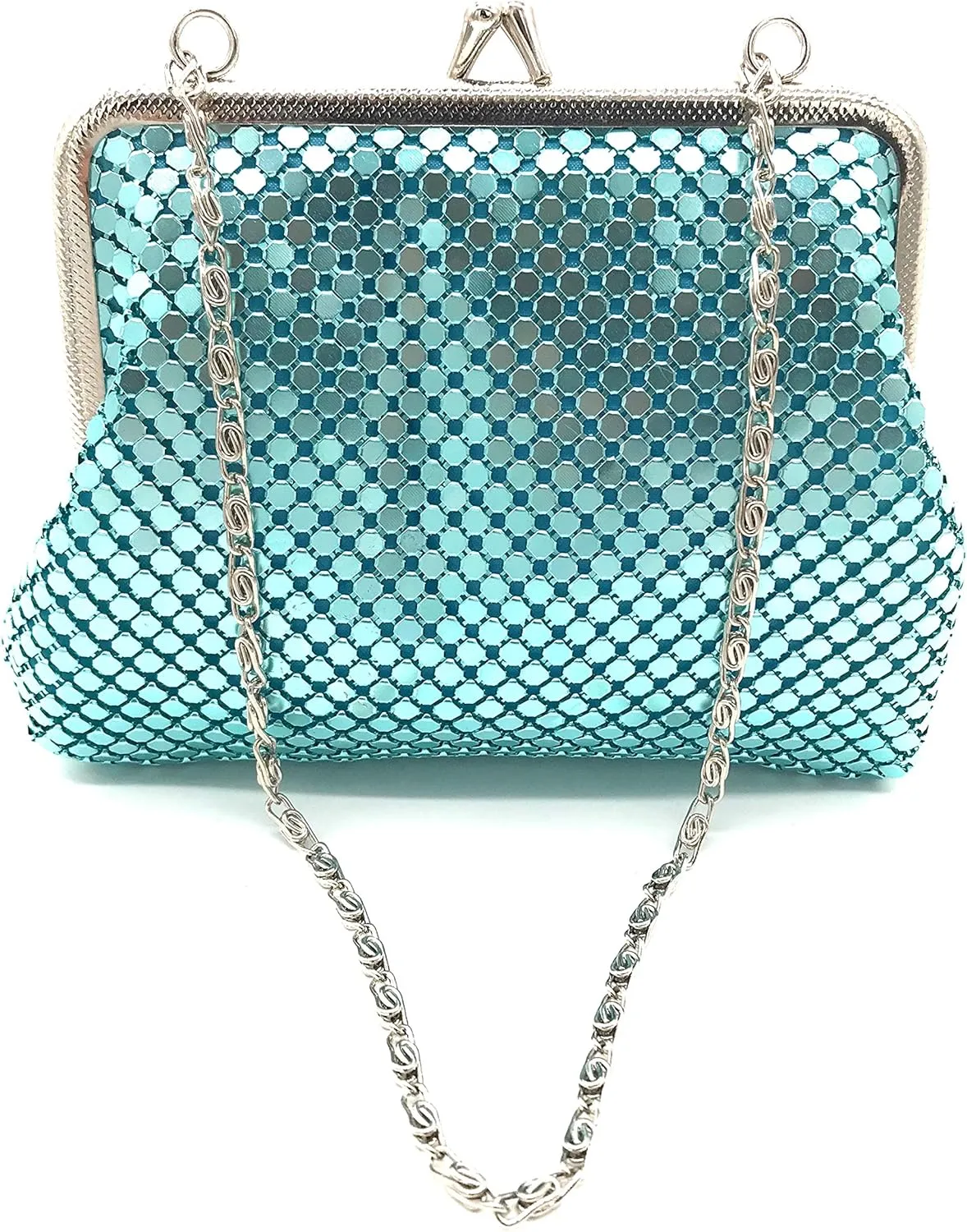 X-Small Women clutch metal mesh purse Hand strap carry for Cocktail Party Prom Wedding Banquet (Blue)