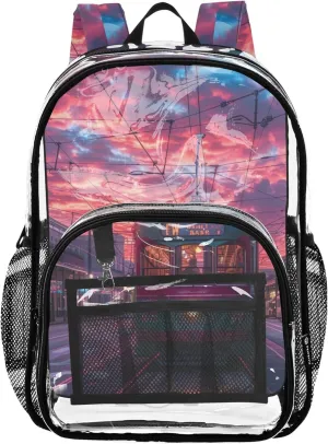 xigua Streetcar at Sunset Clear Backpack for School, Heavy Duty Transparent Water-Resistant Kids Bookbag with Padded Straps for Boys Girls