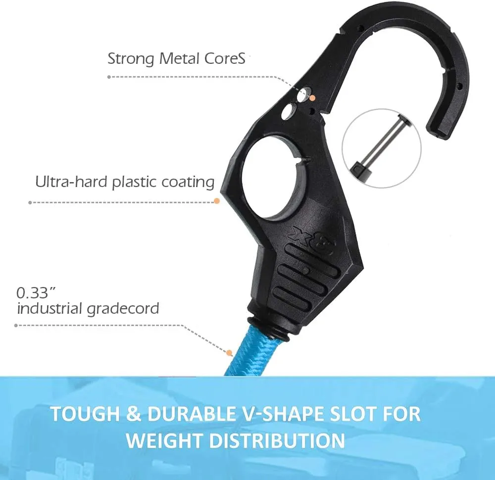 XSTRAP STANDARD 10 Pack Bungee Cords with Finger-Hole Hooks Ensures 3-Time Strength, Comes in A Zippered Storage Bag, Elastic from 24 to 36 Inches, for Cargos