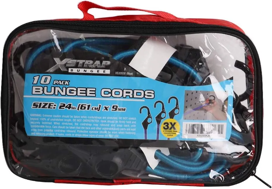 XSTRAP STANDARD 10 Pack Bungee Cords with Finger-Hole Hooks Ensures 3-Time Strength, Comes in A Zippered Storage Bag, Elastic from 24 to 36 Inches, for Cargos