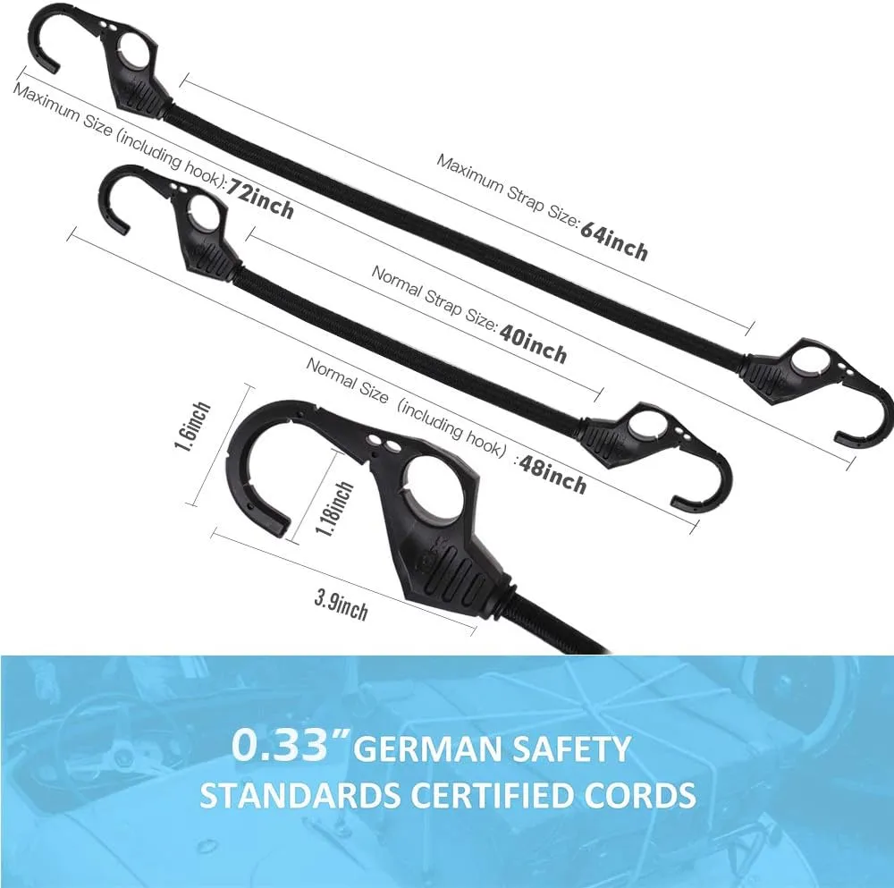 XSTRAP STANDARD 10pk Bungee Cords with Finger-Hole Design Hooks Ensures 3-Time Strength, Comes in A Zippered Storage Bag, Elastic from 48 to 72 Inches