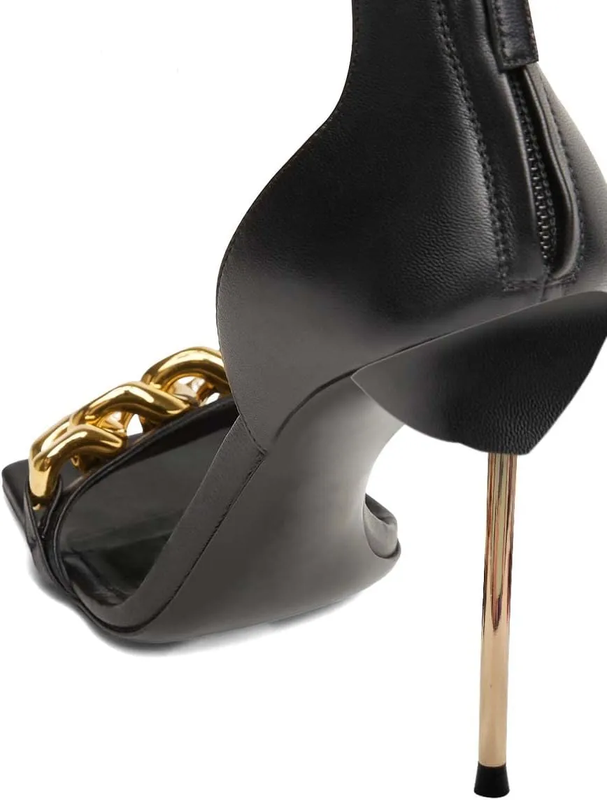 XYD Women Sexy Stiletto Sandals Open Square Toe High Heels Metal Ankle Chain Strap Back Zip Chic Nightclub Shoes