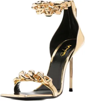 XYD Women Sexy Stiletto Sandals Open Square Toe High Heels Metal Ankle Chain Strap Back Zip Chic Nightclub Shoes