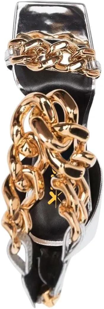 XYD Women Sexy Stiletto Sandals Open Square Toe High Heels Metal Ankle Chain Strap Back Zip Chic Nightclub Shoes