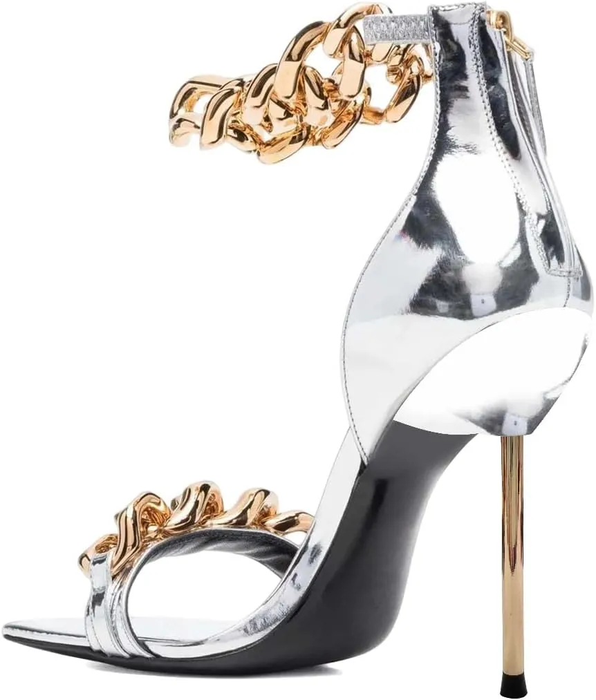 XYD Women Sexy Stiletto Sandals Open Square Toe High Heels Metal Ankle Chain Strap Back Zip Chic Nightclub Shoes