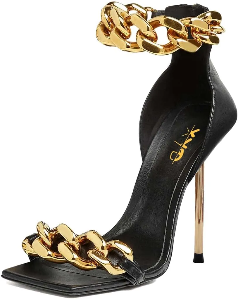 XYD Women Sexy Stiletto Sandals Open Square Toe High Heels Metal Ankle Chain Strap Back Zip Chic Nightclub Shoes