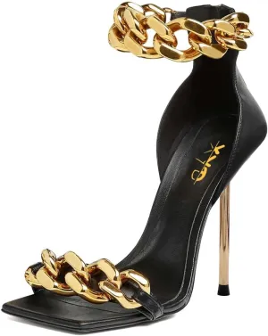 XYD Women Sexy Stiletto Sandals Open Square Toe High Heels Metal Ankle Chain Strap Back Zip Chic Nightclub Shoes