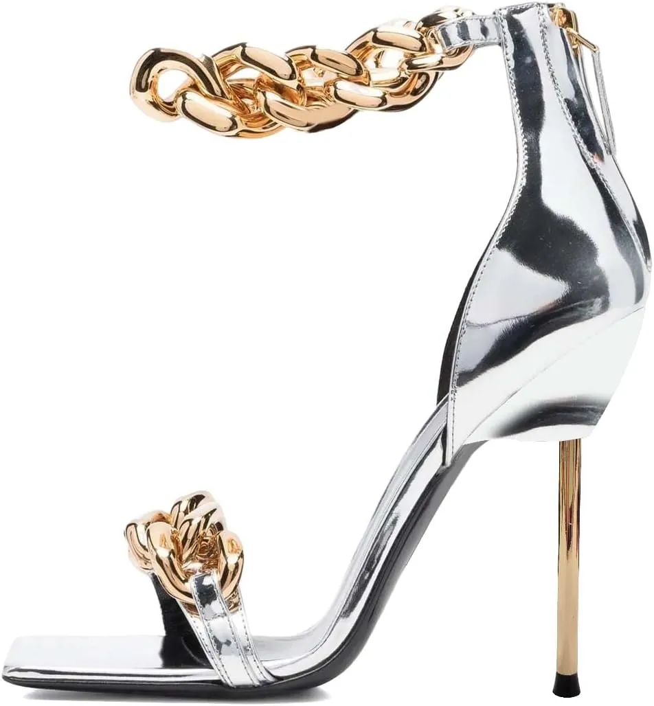 XYD Women Sexy Stiletto Sandals Open Square Toe High Heels Metal Ankle Chain Strap Back Zip Chic Nightclub Shoes
