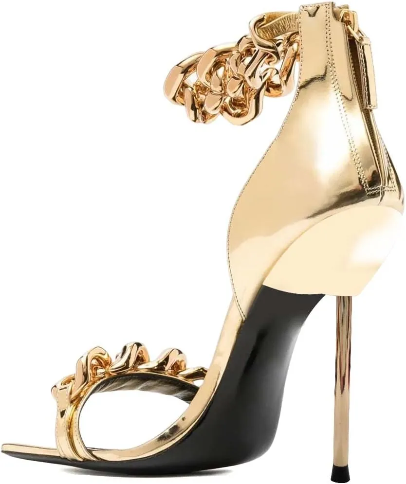XYD Women Sexy Stiletto Sandals Open Square Toe High Heels Metal Ankle Chain Strap Back Zip Chic Nightclub Shoes