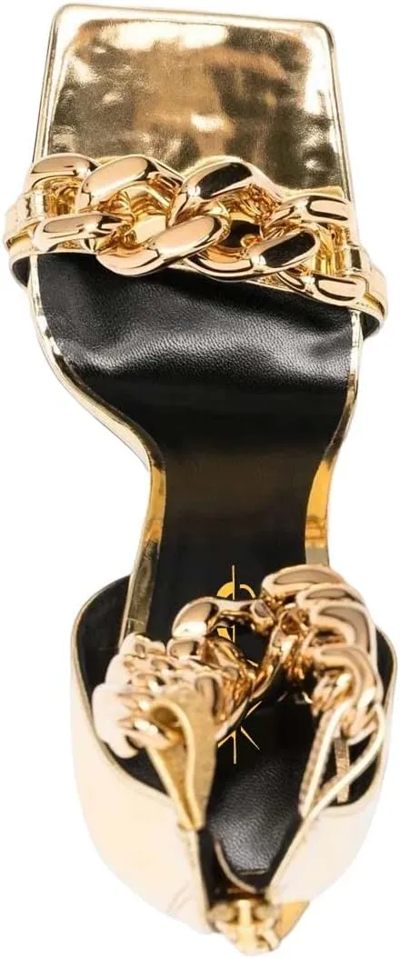XYD Women Sexy Stiletto Sandals Open Square Toe High Heels Metal Ankle Chain Strap Back Zip Chic Nightclub Shoes