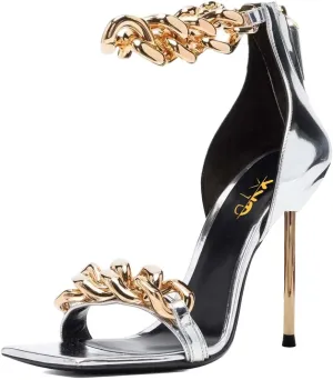 XYD Women Sexy Stiletto Sandals Open Square Toe High Heels Metal Ankle Chain Strap Back Zip Chic Nightclub Shoes