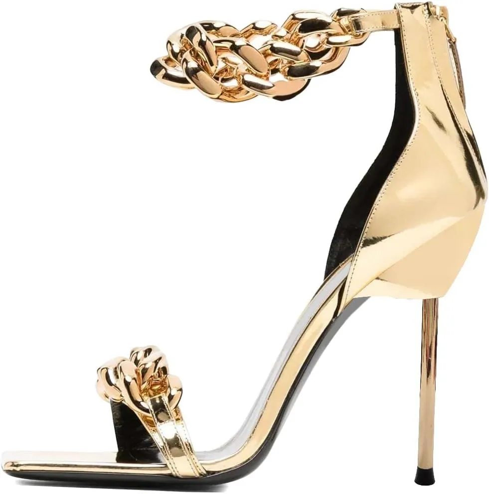 XYD Women Sexy Stiletto Sandals Open Square Toe High Heels Metal Ankle Chain Strap Back Zip Chic Nightclub Shoes
