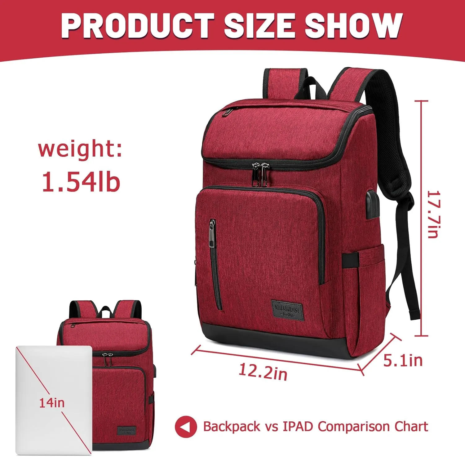 YALUNDISI Laptop Backpacks Travel Backpack Carry On Backpack Casual Daypack with USB Charging Port for Men Women Red