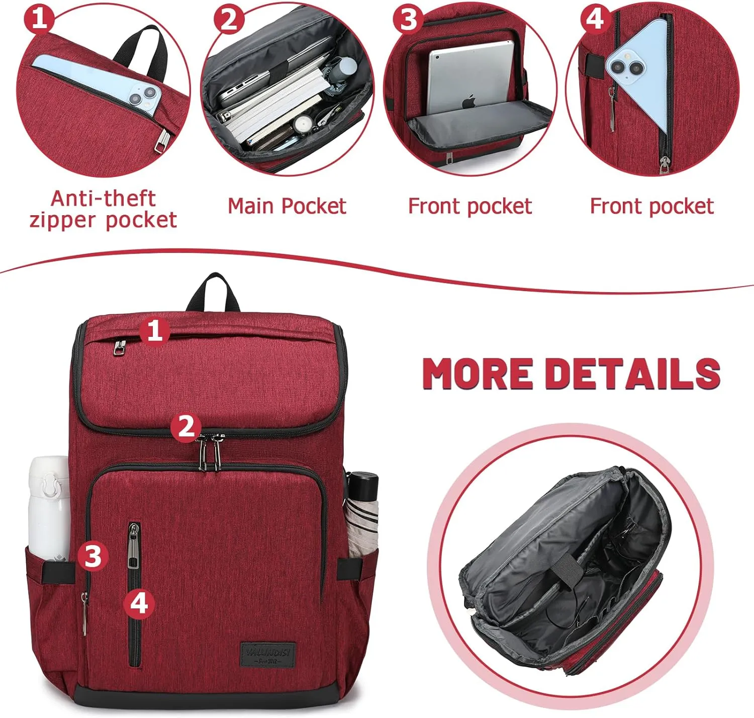 YALUNDISI Laptop Backpacks Travel Backpack Carry On Backpack Casual Daypack with USB Charging Port for Men Women Red