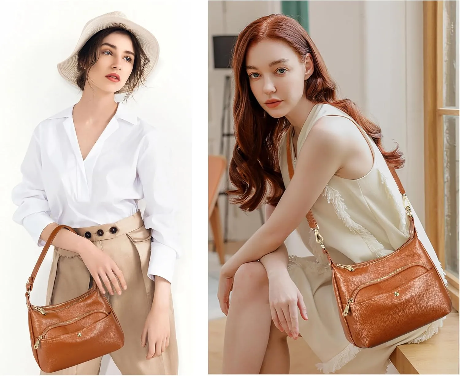 YALUXE Genuine Cowhide Leather Shoulder Bag Dual Zip Compartments Multi Pockets Fashion Handbags and Purses for Women