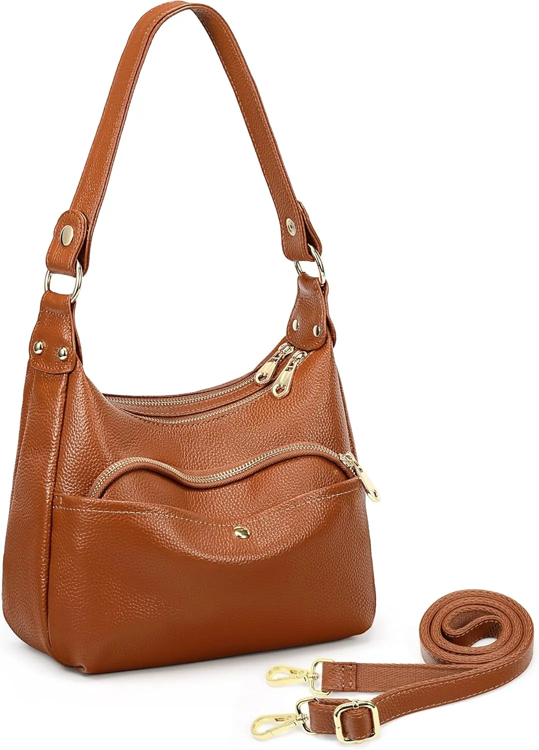 YALUXE Genuine Cowhide Leather Shoulder Bag Dual Zip Compartments Multi Pockets Fashion Handbags and Purses for Women
