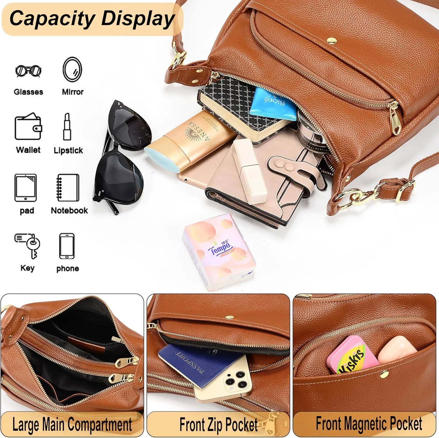 YALUXE Genuine Cowhide Leather Shoulder Bag Dual Zip Compartments Multi Pockets Fashion Handbags and Purses for Women