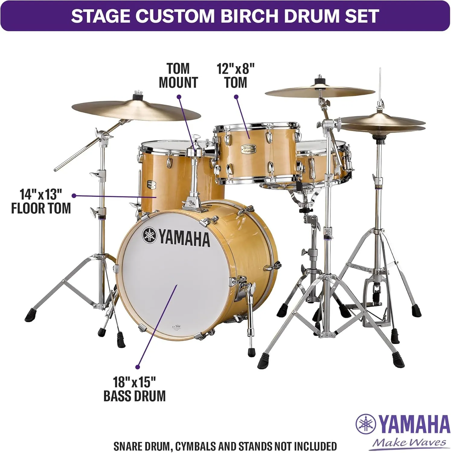 Yamaha Stage Custom Birch 3pc Bop Drum Shell Pack - 18" Kick, Natural Wood