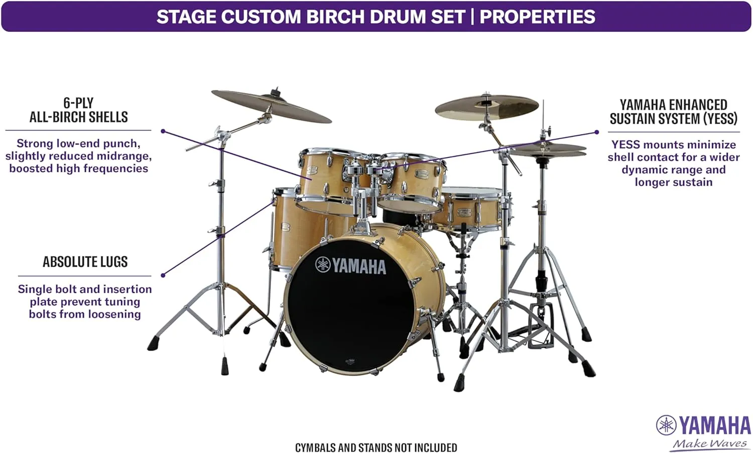 Yamaha Stage Custom Birch 3pc Bop Drum Shell Pack - 18" Kick, Natural Wood