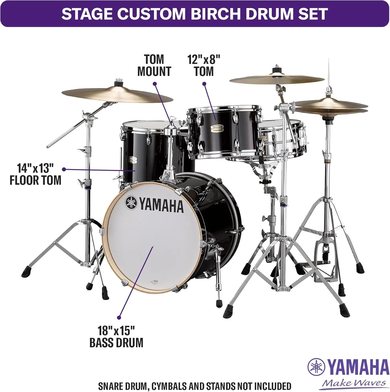 Yamaha Stage Custom Birch 3pc Bop Drum Shell Pack - 18" Kick, Raven Black