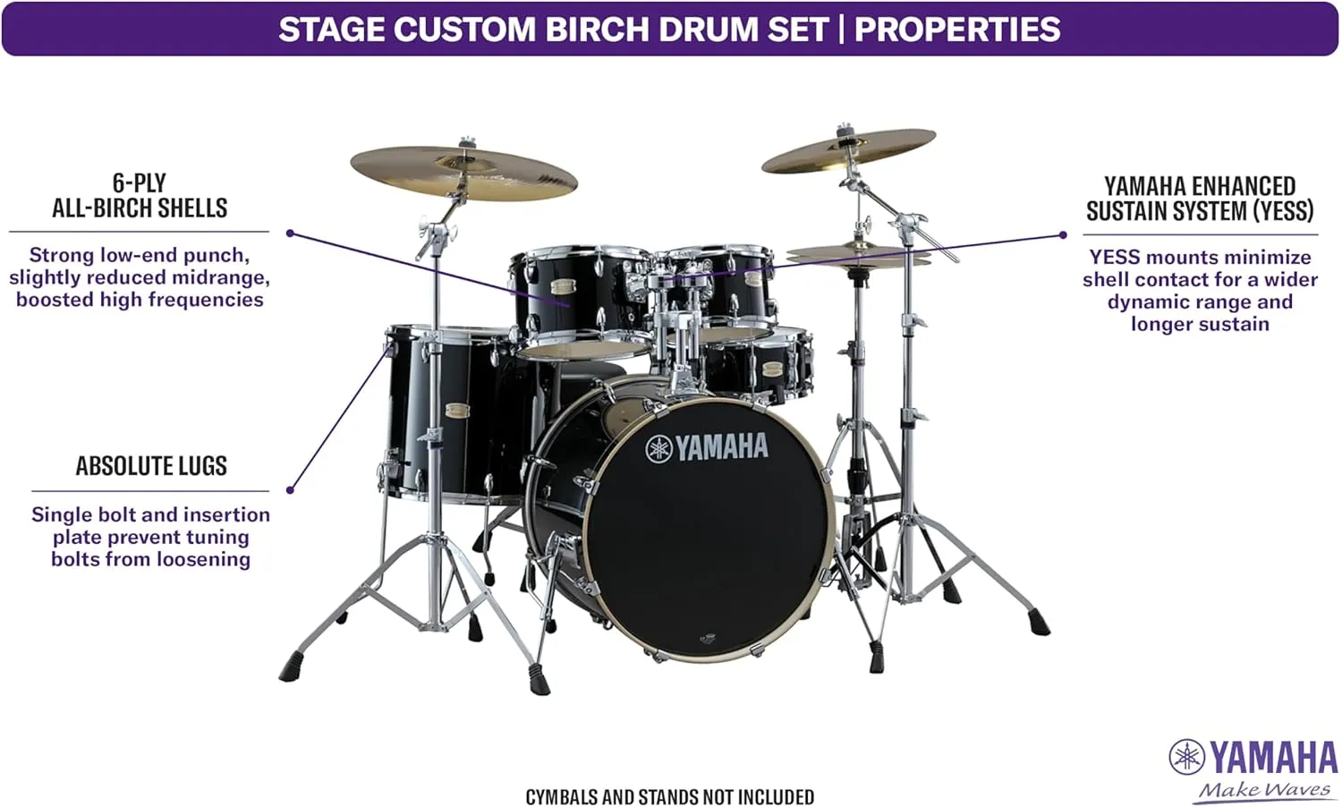 Yamaha Stage Custom Birch 3pc Bop Drum Shell Pack - 18" Kick, Raven Black