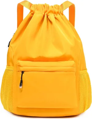 Yellow Drawstring Backpack for Women, Waterproof Drawstring Gym Bag for Men, Small Cinch Sack for Basketball, Pull String Sport Bag for Soccer.