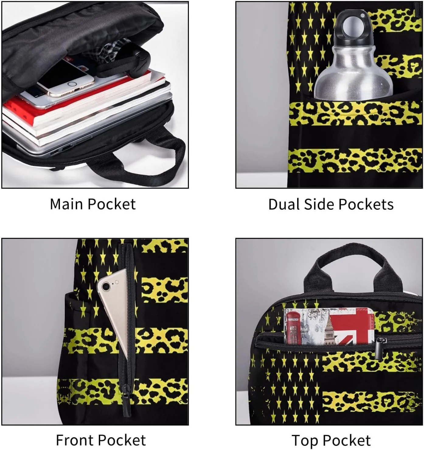 Yellow Leopard American Flag Casual Backpacks Laptop Backpack Outdoor Travel Rucksack Sport Carry-On Daypack Lightweight Bag with Multi-Pockets