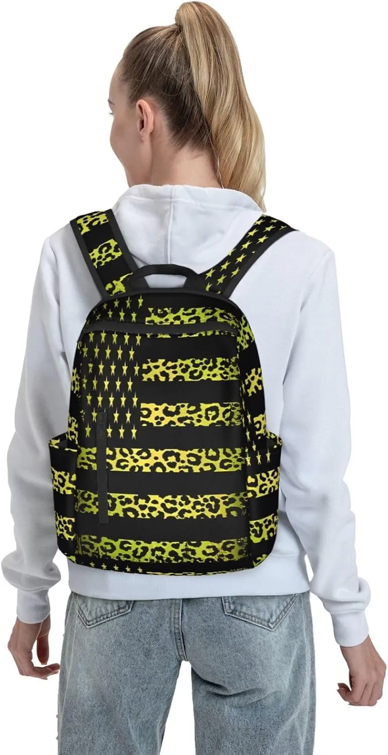 Yellow Leopard American Flag Casual Backpacks Laptop Backpack Outdoor Travel Rucksack Sport Carry-On Daypack Lightweight Bag with Multi-Pockets