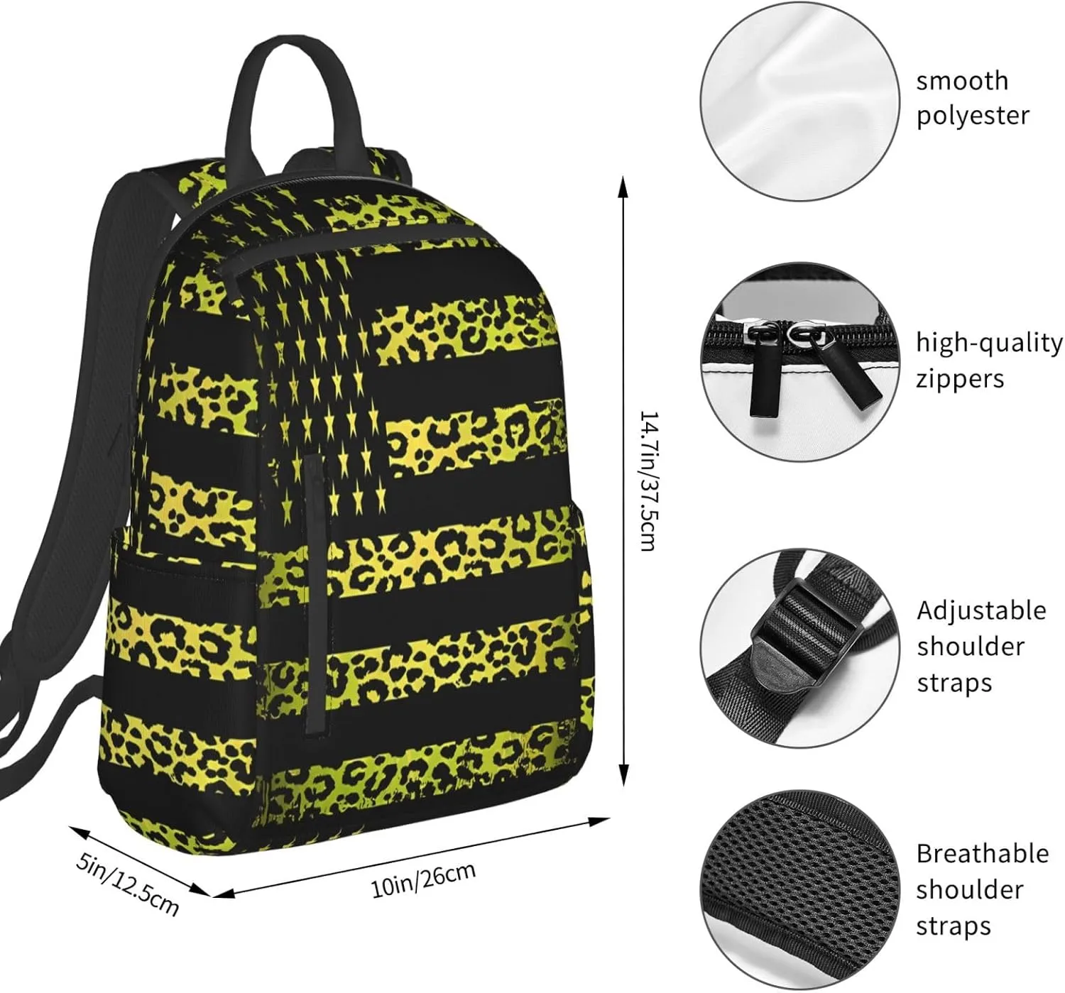 Yellow Leopard American Flag Casual Backpacks Laptop Backpack Outdoor Travel Rucksack Sport Carry-On Daypack Lightweight Bag with Multi-Pockets