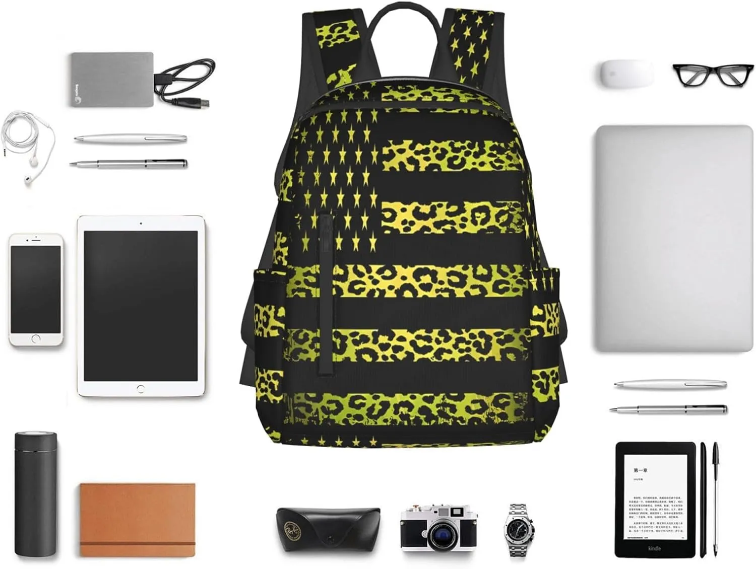 Yellow Leopard American Flag Casual Backpacks Laptop Backpack Outdoor Travel Rucksack Sport Carry-On Daypack Lightweight Bag with Multi-Pockets