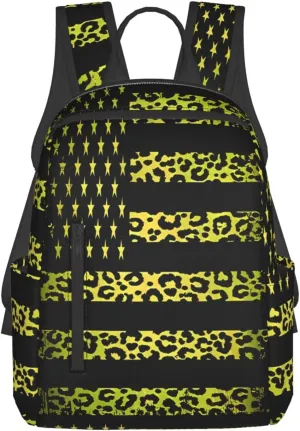 Yellow Leopard American Flag Casual Backpacks Laptop Backpack Outdoor Travel Rucksack Sport Carry-On Daypack Lightweight Bag with Multi-Pockets