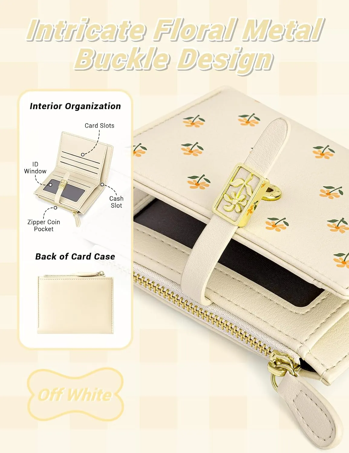 YINHEXI Women's Wallet, Faux Leather, Off White, Water Resistant, 5 Card Slots, 1 Cash Slot, 1 ID Window, 1 Zipper Coin Pocket, Portable, Fashionable, 4.53.71.2 Inch