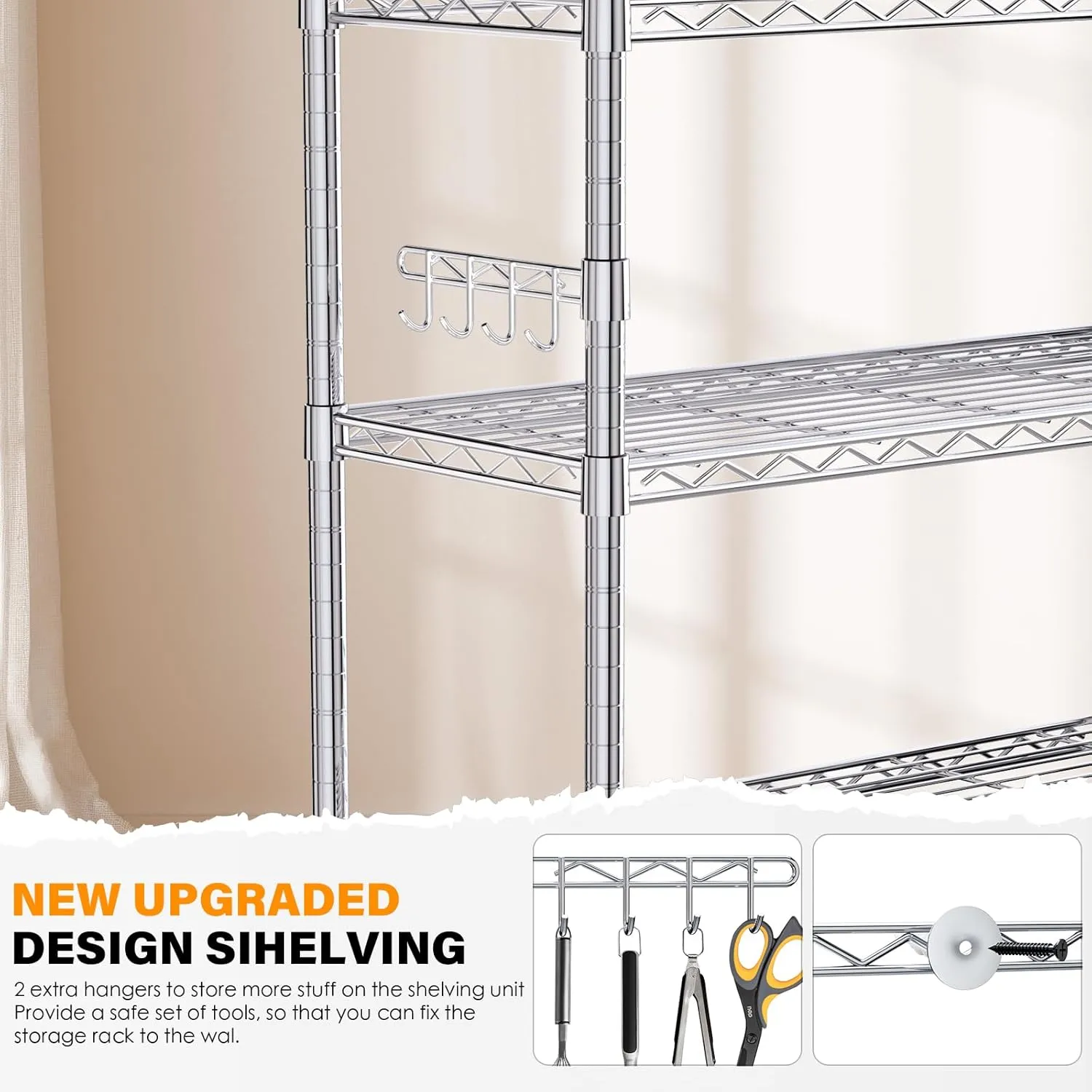 YNN Storage Shelves,1750Lbs 5 Tier Heavy Duty Metal Rolling Shelving Unit with Wheels & 8 Hooks, Adjustable Garage Wire Rack for Kitchen, Bathroom,Industrial,Pantry(36" W x 14" D x 72" H, Chrome)