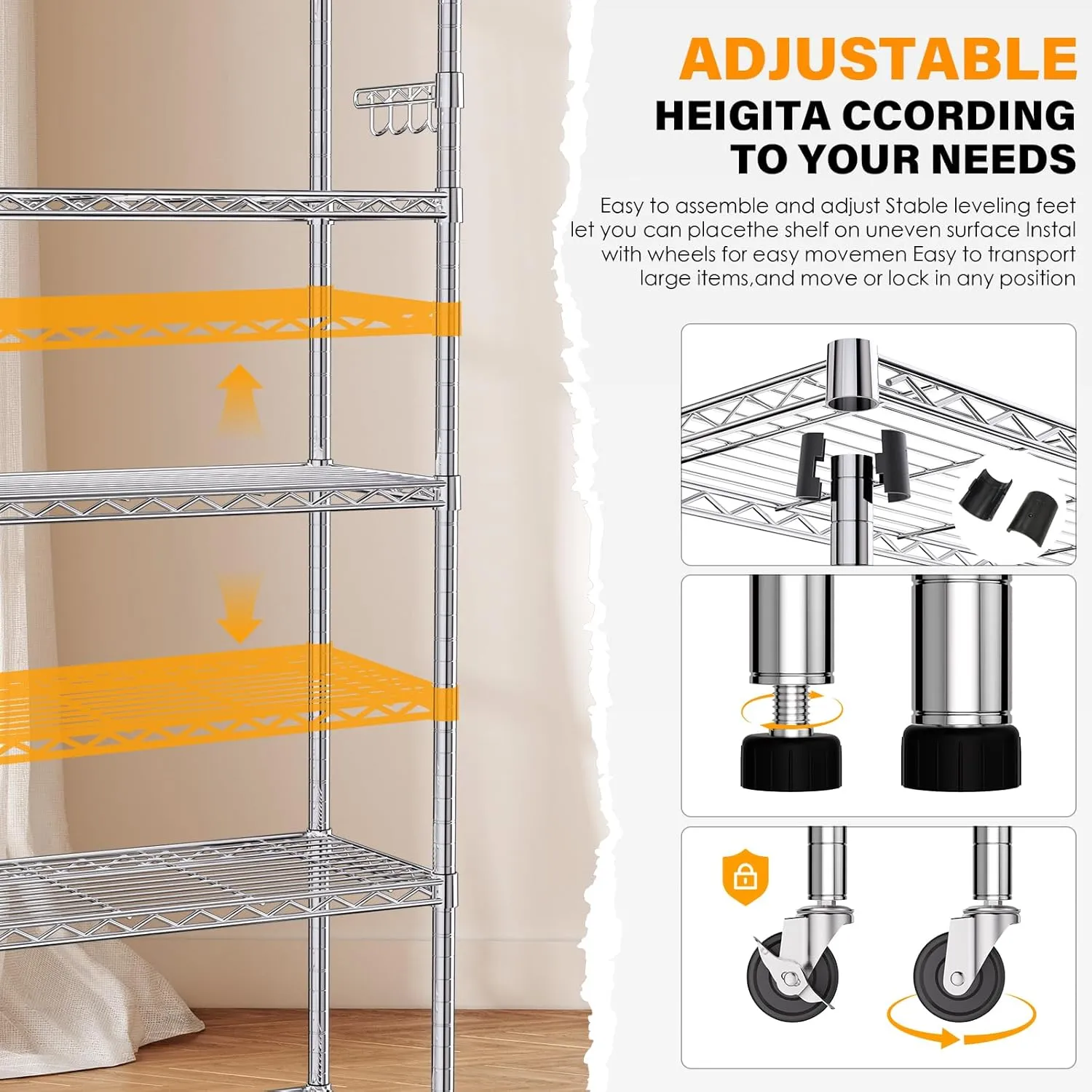 YNN Storage Shelves,1750Lbs 5 Tier Heavy Duty Metal Rolling Shelving Unit with Wheels & 8 Hooks, Adjustable Garage Wire Rack for Kitchen, Bathroom,Industrial,Pantry(36" W x 14" D x 72" H, Chrome)
