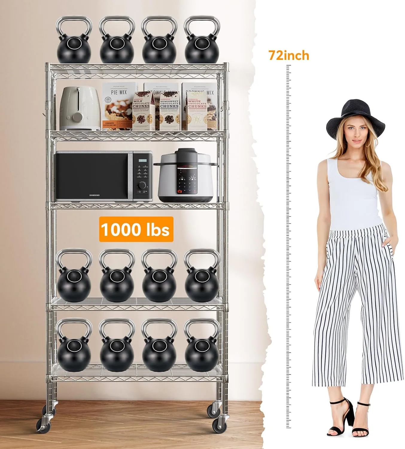YNN Storage Shelves,1750Lbs 5 Tier Heavy Duty Metal Rolling Shelving Unit with Wheels & 8 Hooks, Adjustable Garage Wire Rack for Kitchen, Bathroom,Industrial,Pantry(36" W x 14" D x 72" H, Chrome)