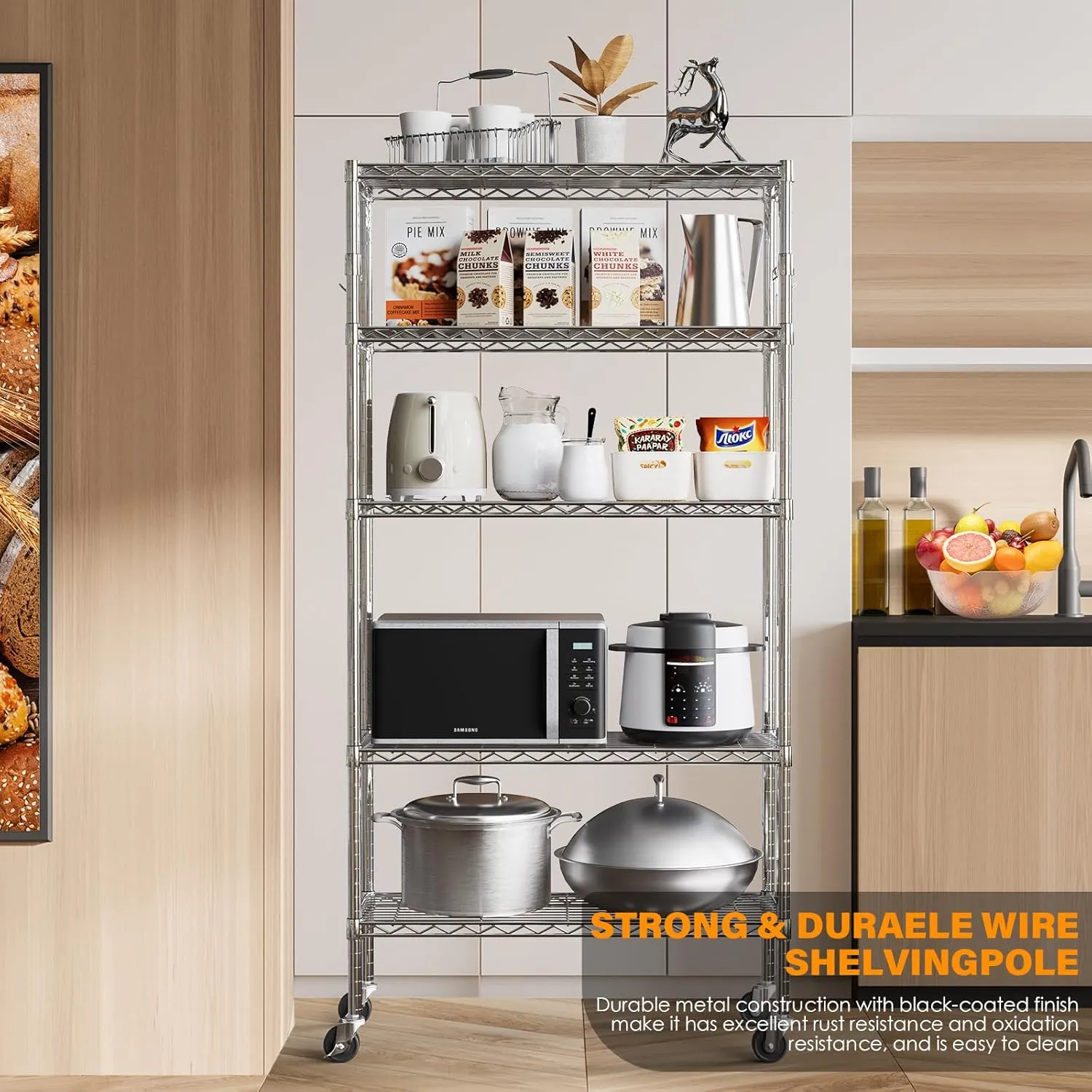 YNN Storage Shelves,1750Lbs 5 Tier Heavy Duty Metal Rolling Shelving Unit with Wheels & 8 Hooks, Adjustable Garage Wire Rack for Kitchen, Bathroom,Industrial,Pantry(36" W x 14" D x 72" H, Chrome)