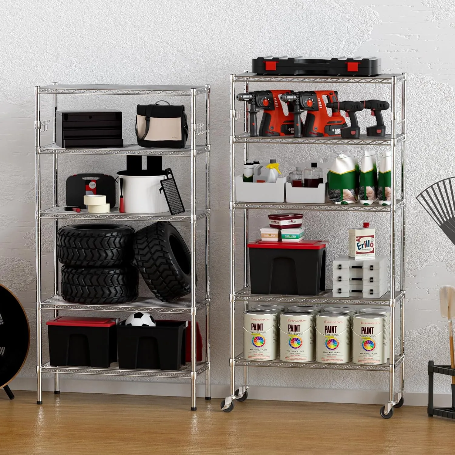 YNN Storage Shelves,1750Lbs 5 Tier Heavy Duty Metal Rolling Shelving Unit with Wheels & 8 Hooks, Adjustable Garage Wire Rack for Kitchen, Bathroom,Industrial,Pantry(36" W x 14" D x 72" H, Chrome)