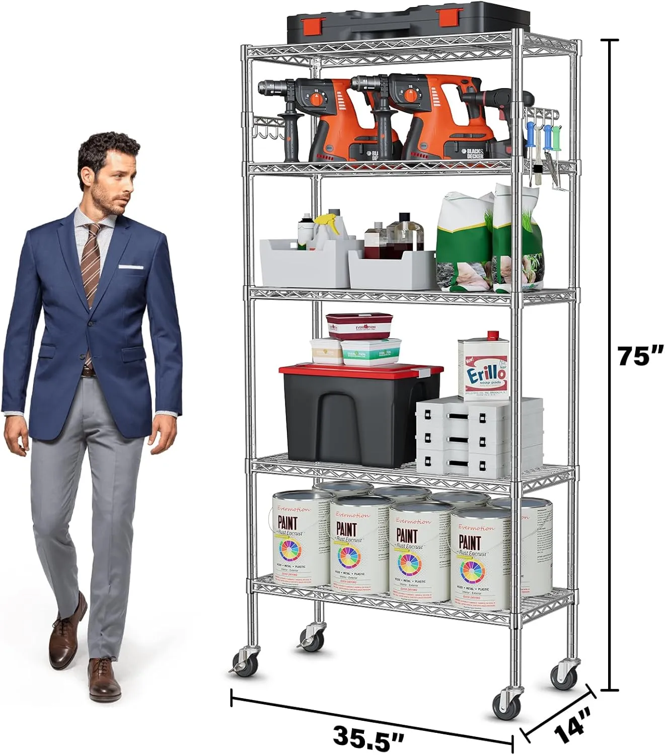 YNN Storage Shelves,1750Lbs 5 Tier Heavy Duty Metal Rolling Shelving Unit with Wheels & 8 Hooks, Adjustable Garage Wire Rack for Kitchen, Bathroom,Industrial,Pantry(36" W x 14" D x 72" H, Chrome)