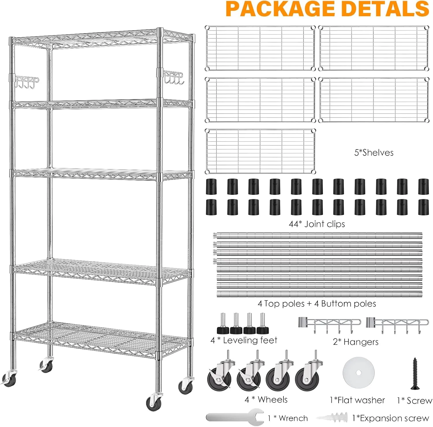 YNN Storage Shelves,1750Lbs 5 Tier Heavy Duty Metal Rolling Shelving Unit with Wheels & 8 Hooks, Adjustable Garage Wire Rack for Kitchen, Bathroom,Industrial,Pantry(36" W x 14" D x 72" H, Chrome)