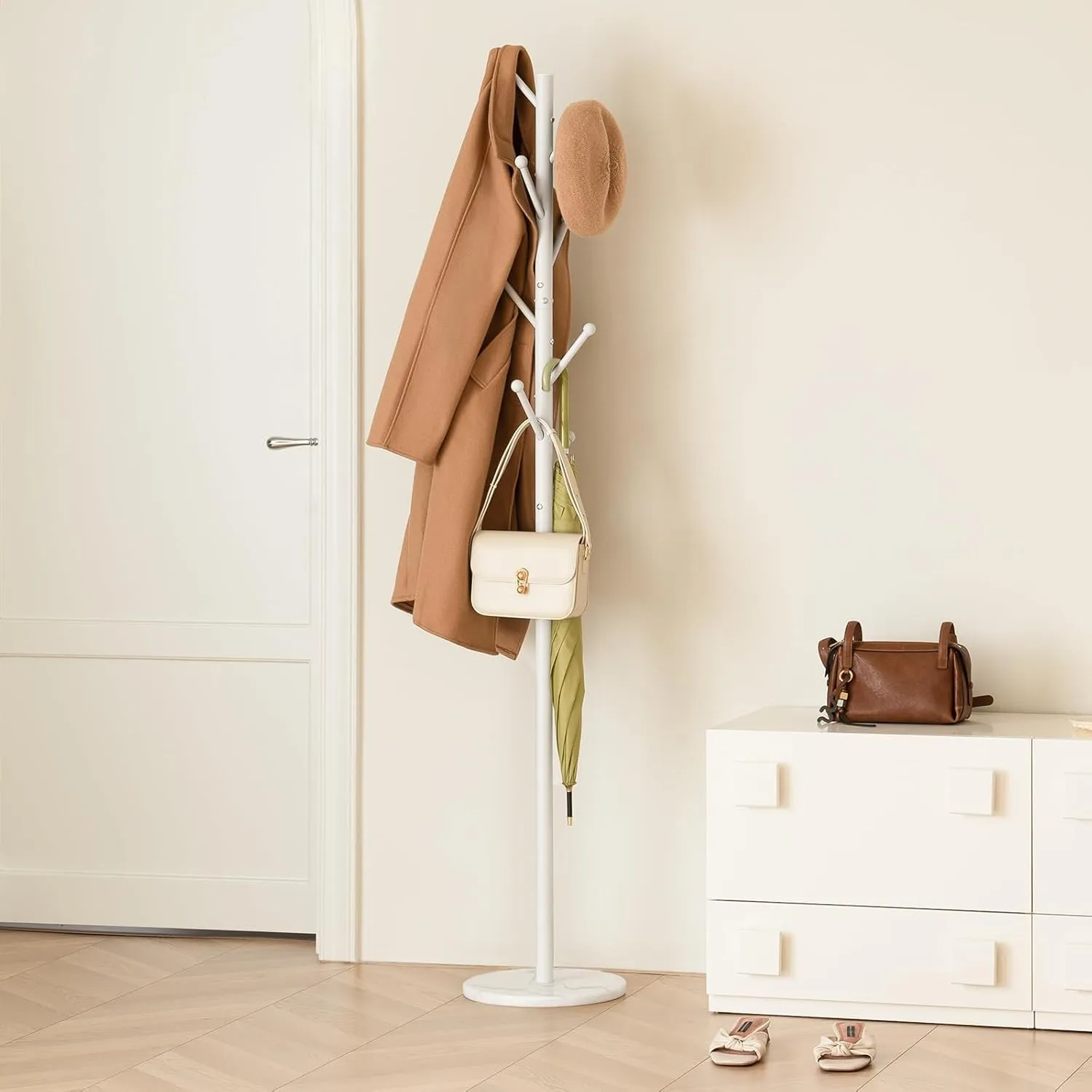 Yoobure Coat Rack Freestanding with Natural Marble Base, Coat Tree with 8 Hooks Heavy Duty Coat Hanger Stand, Metal Coat Rack Stand for Jacket, Hat, Clothes & Bag, Hall Tree Hat Rack for Entryway