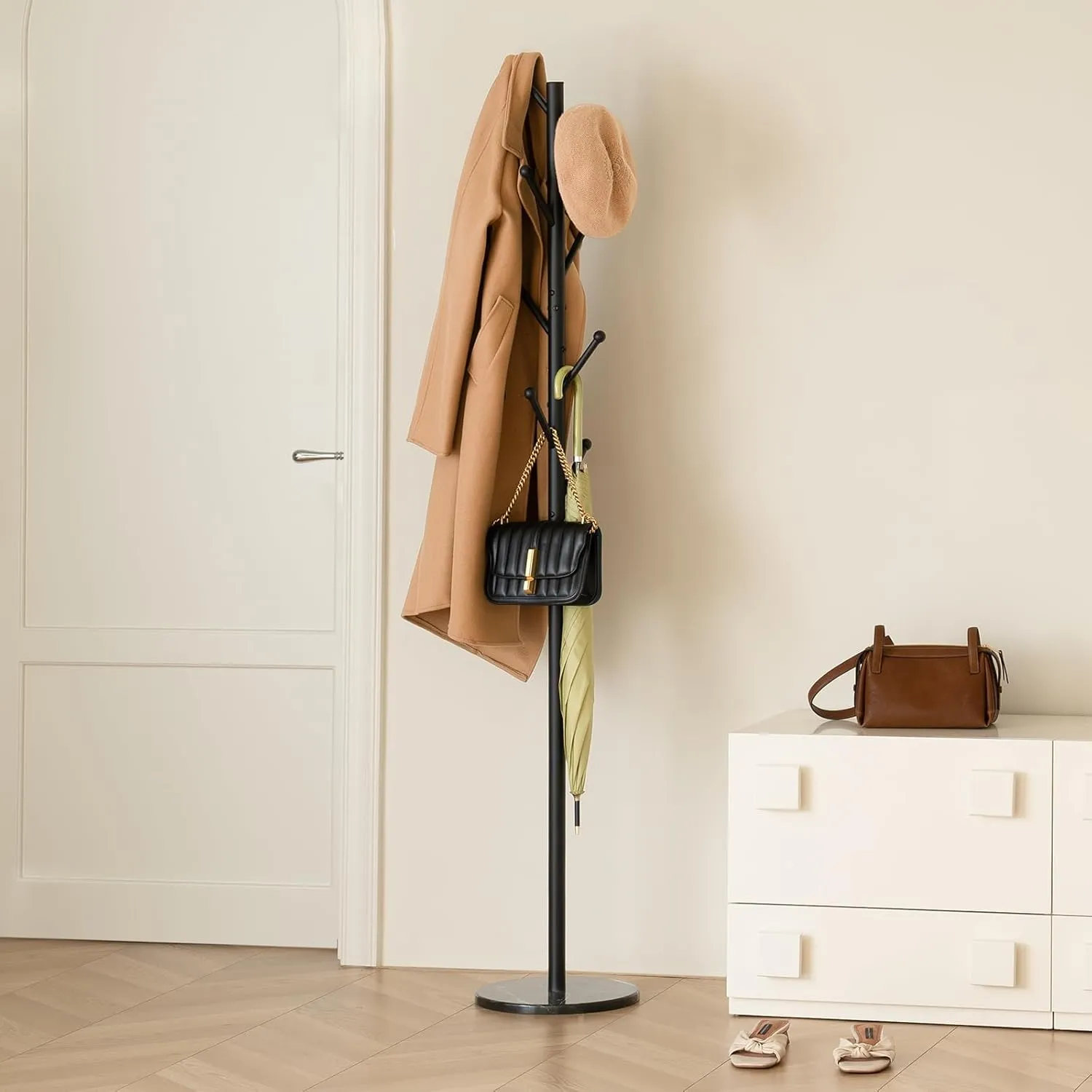 Yoobure Coat Rack Freestanding with Natural Marble Base, Coat Tree with 8 Hooks Heavy Duty Coat Hanger Stand, Metal Coat Rack Stand for Jacket, Hat, Clothes & Bag, Hall Tree Hat Rack for Entryway