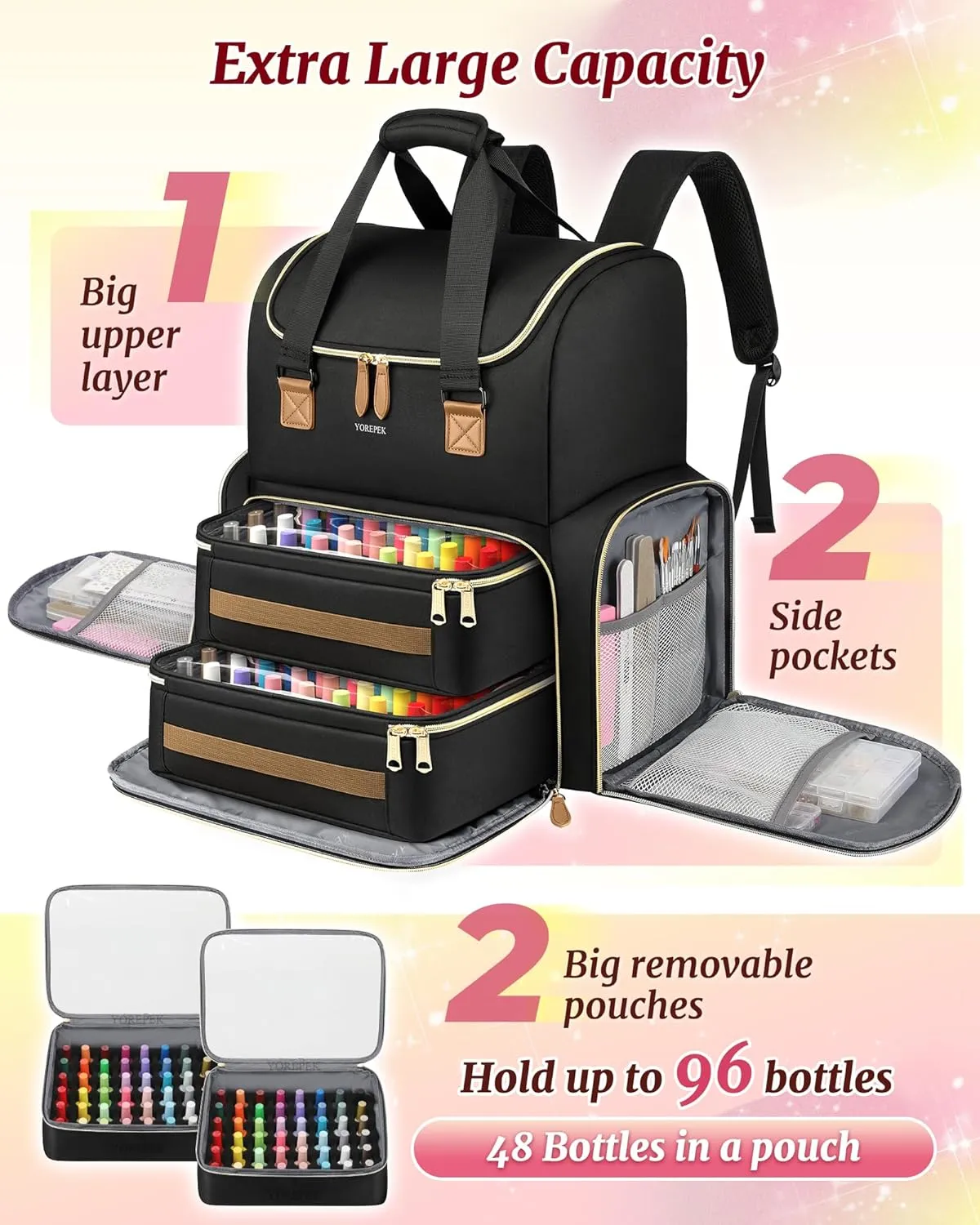 YOREPEK Extra Large Nail Polish Organizer Case Backpack Holds 96 to 100  Bottles(15ml/0.5 fl.oz) UV Nail Lamp,Nail Organizers and Storage with 2 Removable Pouches Fits Nail Stuff,Gift for Manicurist