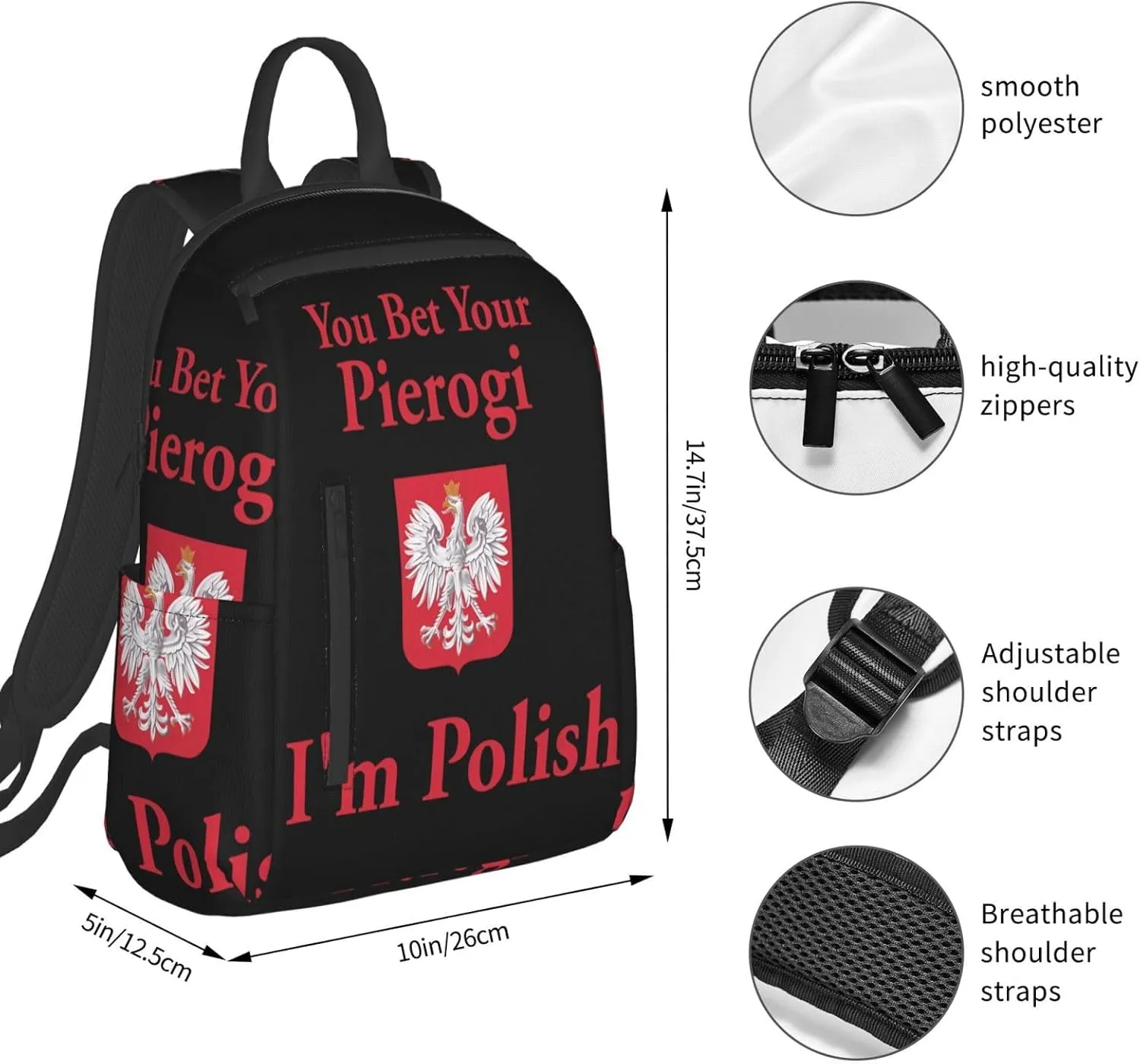 You Bet Your Pierogi I'm Polish Travel Backpacks Casual Laptop Backpack Sport Rucksack Large Capacity Daypack Multi-Pockets Adjustable Strap Bag for Working Hiking