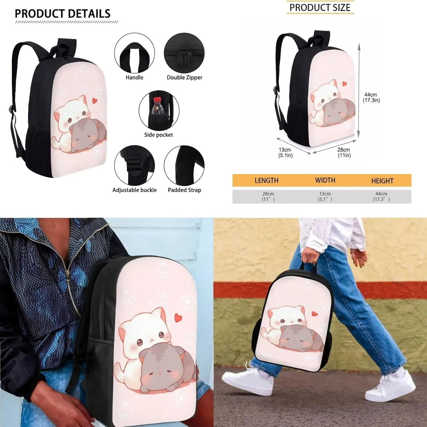 Ystardream Pink Cute Cat Kids' Backpacks & Lunch Boxes Cat Backpack for Girls Cute Kawaii Backpack with Lunch Boxes Pencil Case 3Pcs