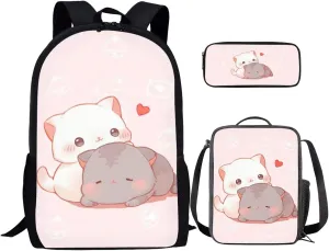 Ystardream Pink Cute Cat Kids' Backpacks & Lunch Boxes Cat Backpack for Girls Cute Kawaii Backpack with Lunch Boxes Pencil Case 3Pcs