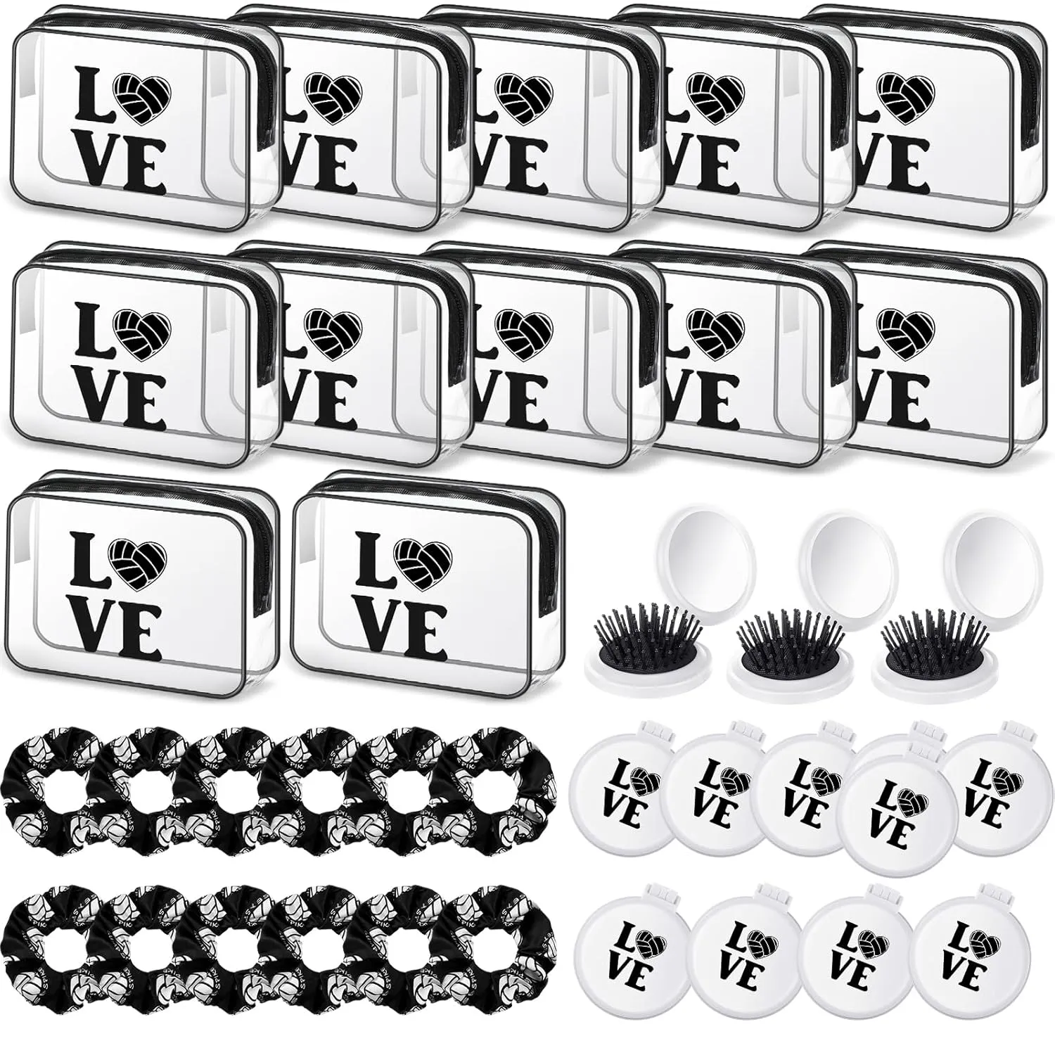 Yungyan 36 Pcs Volleyball Gifts 12 Volleyball Makeup Bag for Women Party Favors Team Gifts with 12 Sport Hair Scrunchies 12 Round Portable Folding Brush