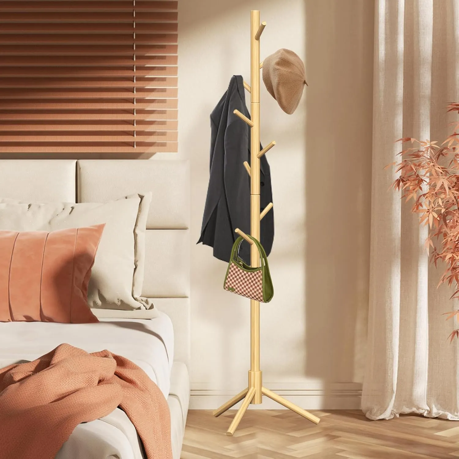Z&L HOUSE Coat Rack Freestanding, Pure Natural Solid Wooden Coat Tree, 8 Hooks And Adjustable Height Floor Hanger, Used In The Bedroom Living Room Office To Hang Clothes, Hats, Bags