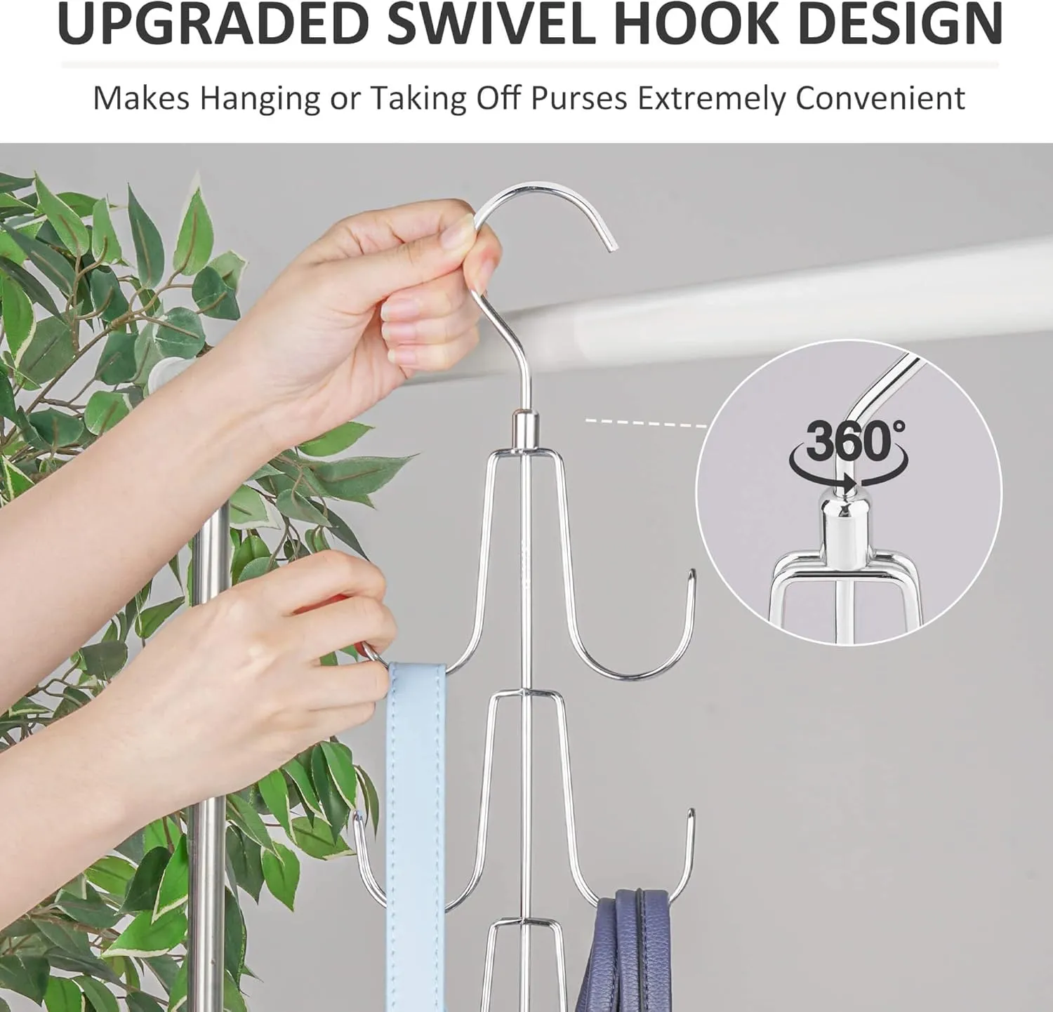 ZEDODIER Purse Hanger Organizer for Closet, 2 Pack Rotatable Hanging Bag Holder, 8 Storage Capacity, Keeping Purses Visible and in Good Condition, Metal Handbag Storage Hook Rack Space Saver, Silver