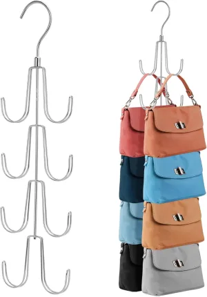 ZEDODIER Purse Hanger Organizer for Closet, 2 Pack Rotatable Hanging Bag Holder, 8 Storage Capacity, Keeping Purses Visible and in Good Condition, Metal Handbag Storage Hook Rack Space Saver, Silver