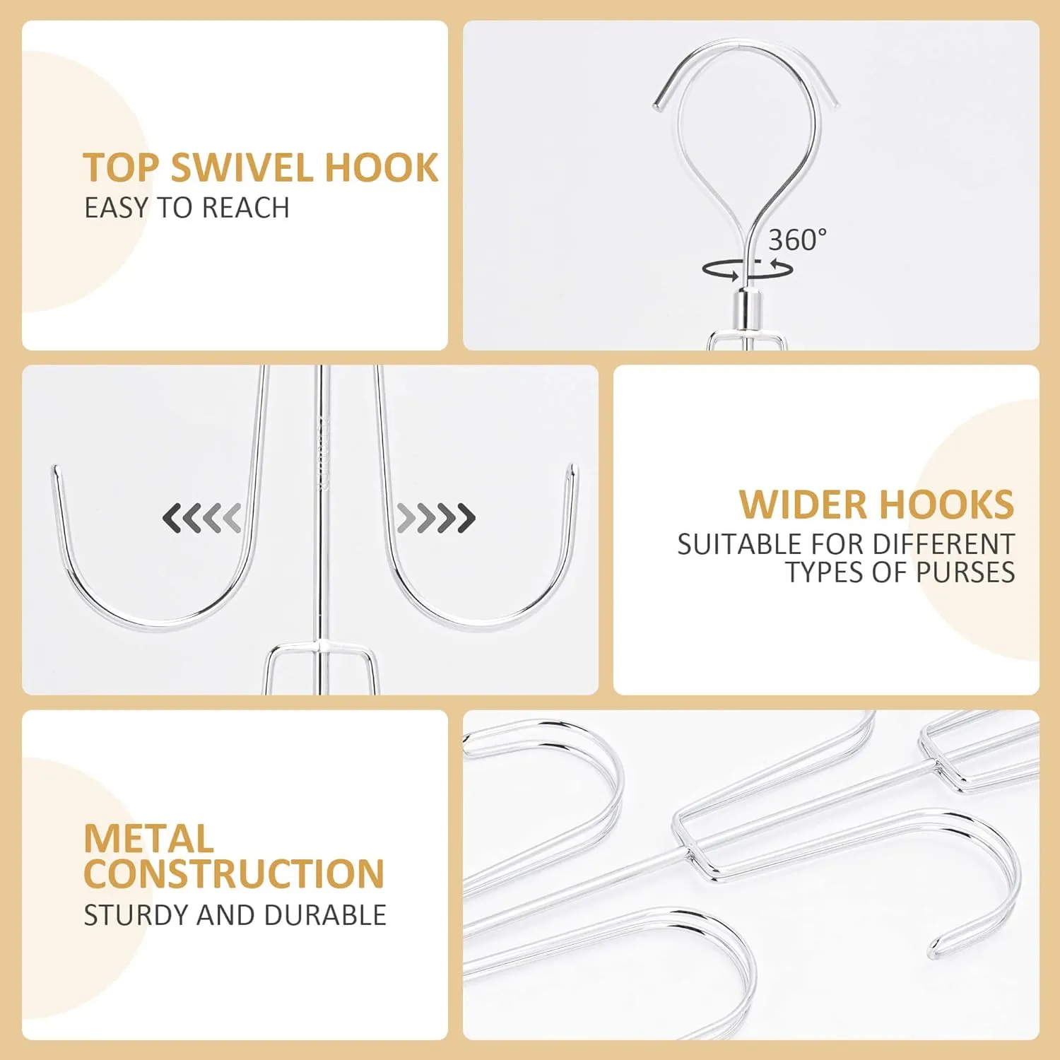 ZEDODIER Purse Hanger Organizer for Closet, 2 Pack Rotatable Hanging Bag Holder, 8 Storage Capacity, Keeping Purses Visible and in Good Condition, Metal Handbag Storage Hook Rack Space Saver, Silver